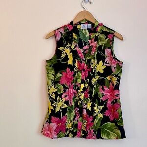 Caribbean Joe Tropical Floral Sleeveless Button Front Blouse Cotton Medium